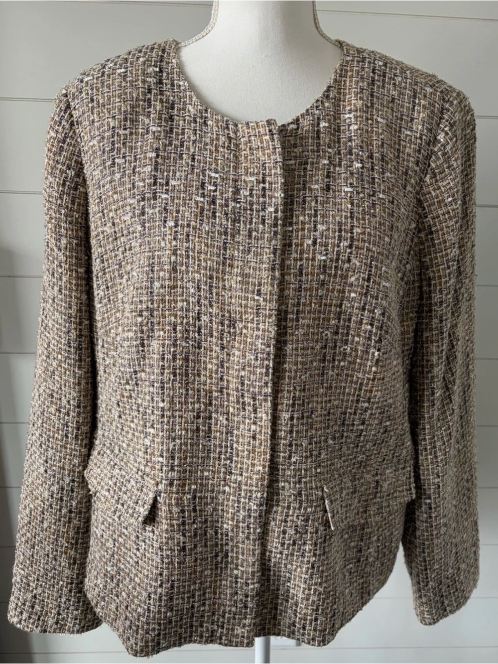 Talbots Gold Tweed Zip Front Blazer Jacket Womens Size 16W Holiday Career Wool